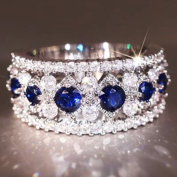 NEW 18k White Gold Blue Sapphire Diamond Ring Band - Picture 1 of 6